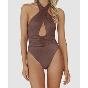 PQ Women's Brown Celine Metallic Rib-Knit One-Piece Swimsuit Size Small NWT $154